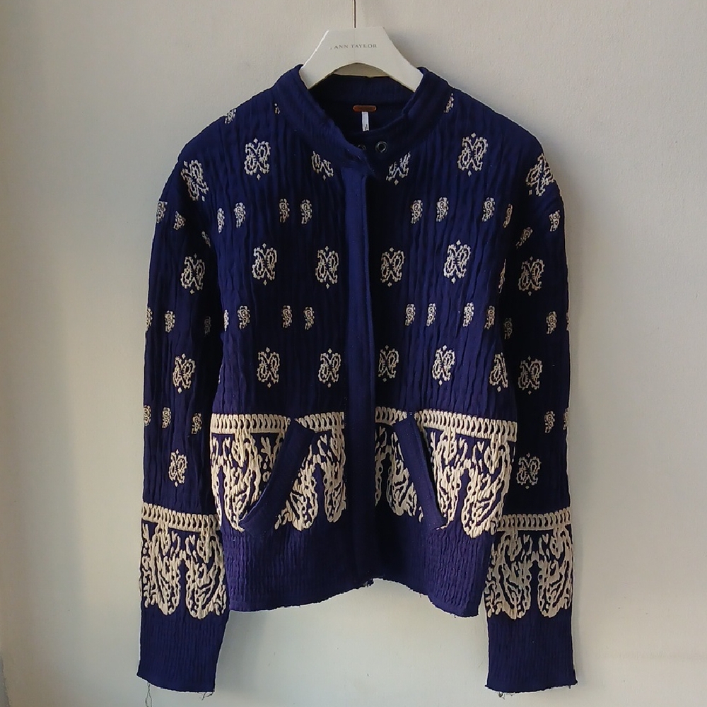 Free People Navy Blue and Cream Embroidered Quilted Jacket